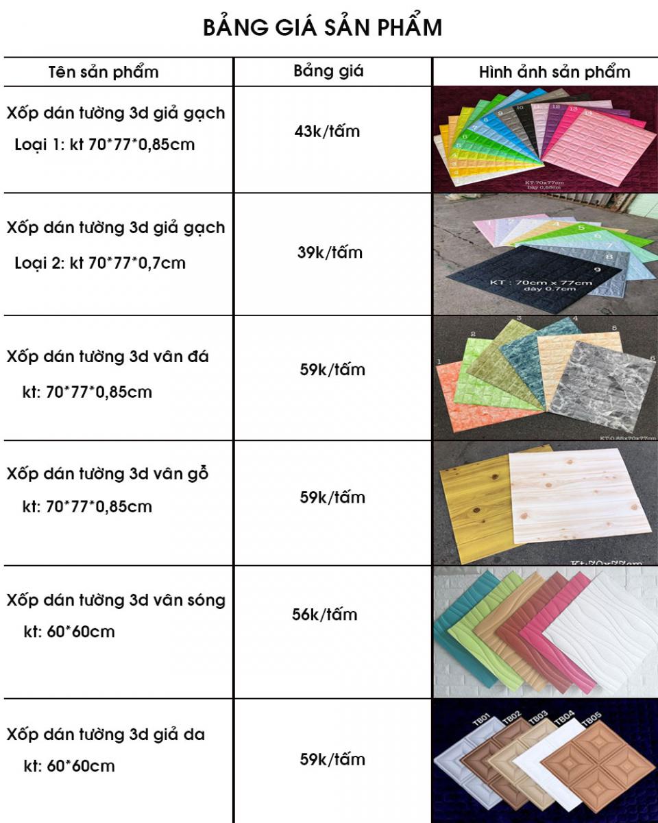 Bang gia xop dan tuong 3d